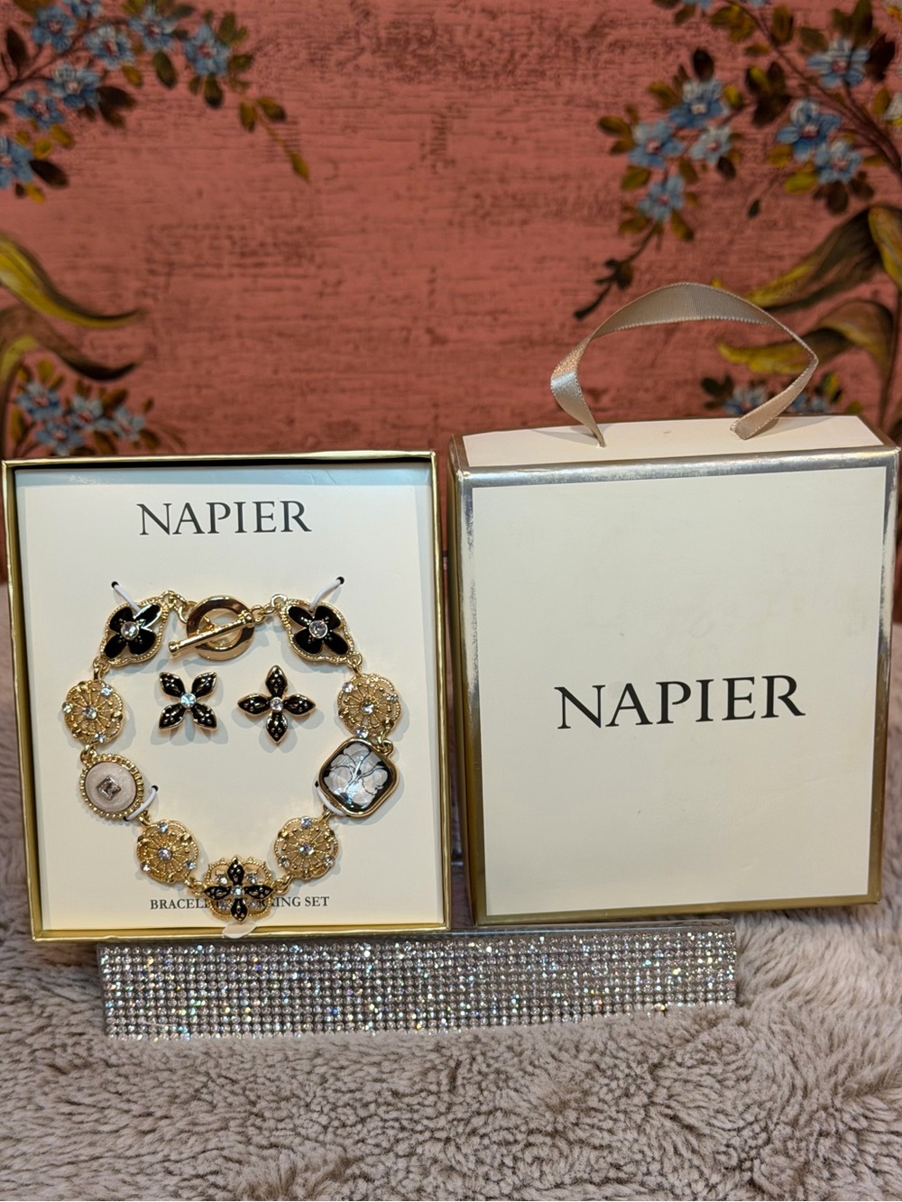 Napier Gold and Black Floral Medallion Bracelet and Earrings Set